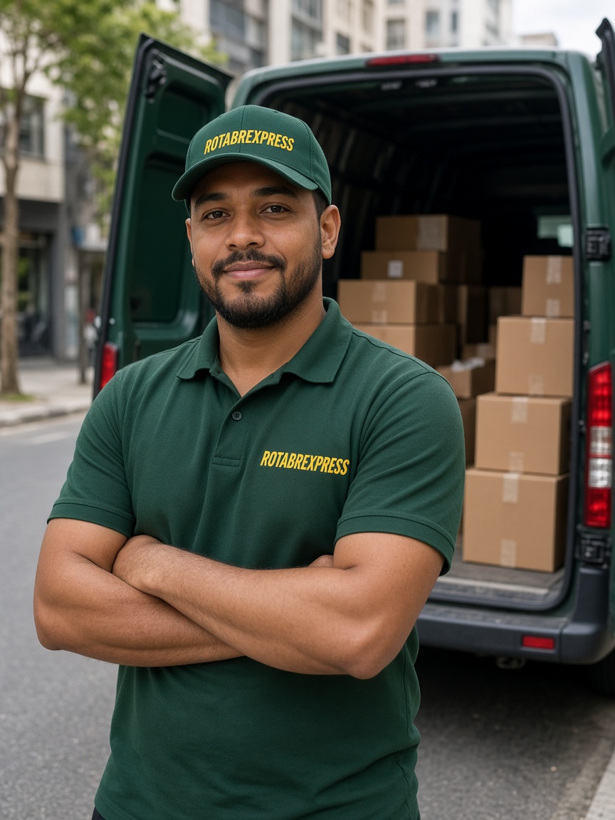 Motorista da RotaBR Express, de boné e camisa verde com a logo, de braços cruzados em frente à van com encomendas.